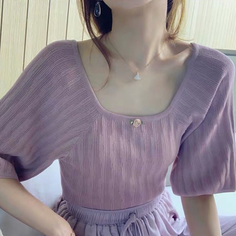 Áo dệt kim tay ngắn phồng cổ vuông phong cách retro Pháp