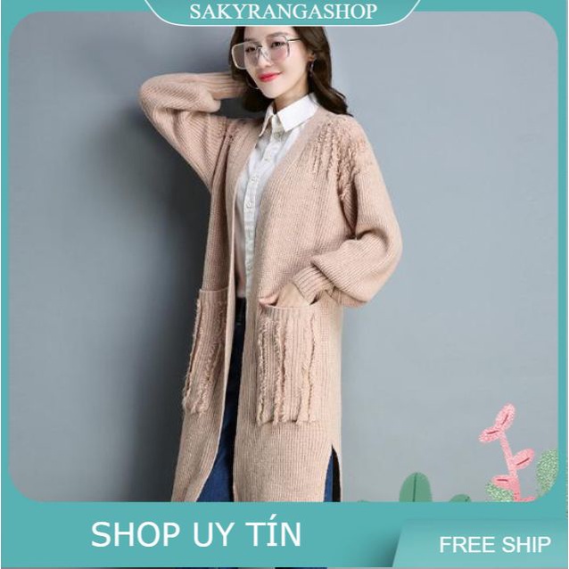 ÁO KHOÁC LEN DÁNG DÀI PHỐI RÁCH TUA RUA XẺ LAI