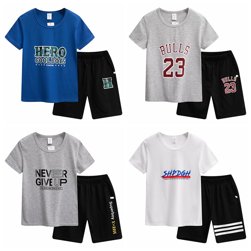 Set Đồ Mùa Hè 2 Món Gồm Áo Thun Tay Cộc + Quần Ngắn 100% Cotton Cho Bé Trai 5-10 Tuổi