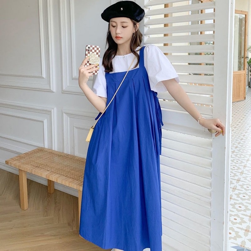 Set Đầm Yếm Màu Xanh Dương Phong Cách Pháp Thời Trang Mùa Hè Mới Cho Nữ