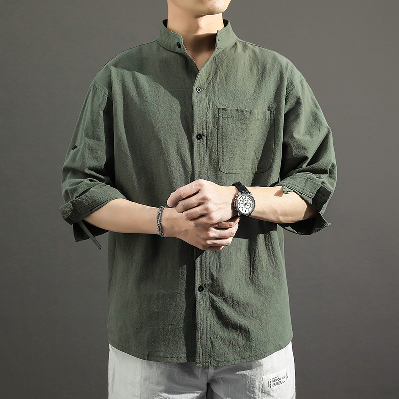 Áo Sơ Mi cotton Lanh Tay Ngắn Cổ Đứng Dáng Rộng Phong Cách Hàn Quốc Thời Trang Cho Nam