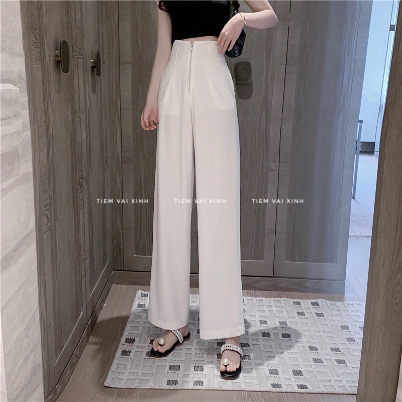 Quần Nữ Ống Rộng Lưng Cao Tiệm Vải Xinh Quần Ống Suông Cạp Cao Khoá Kéo QV001