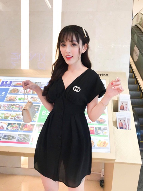 ĐẦM CỔ V Nút Bọc 4 Màu