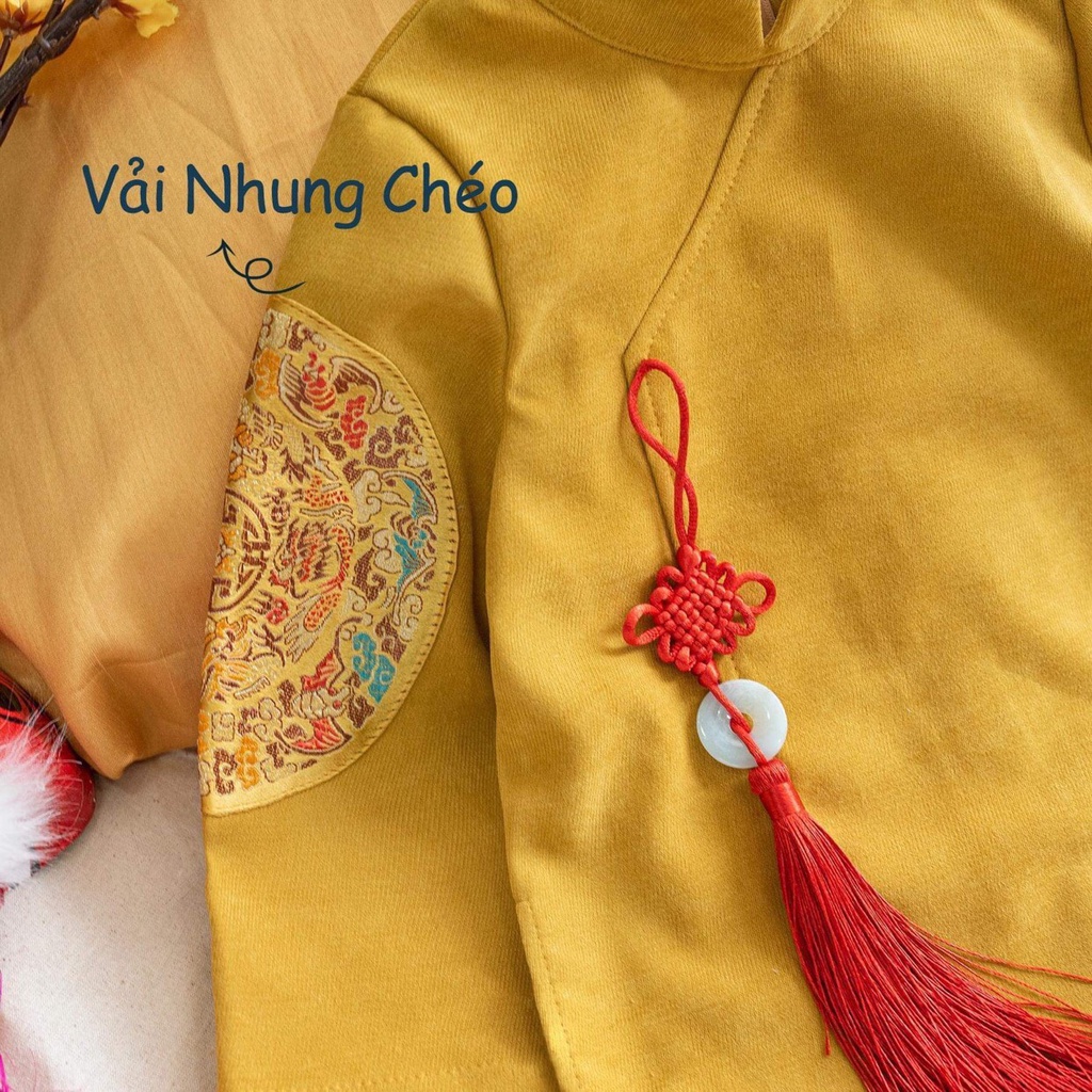 Áo dài cách tân hình tròn thêu 2 bên tay bé trai từ 9 - 37 kg xẻ tà, áo dài tết cho bé họa tiết cách điệu 2 màu đỏ, vàng