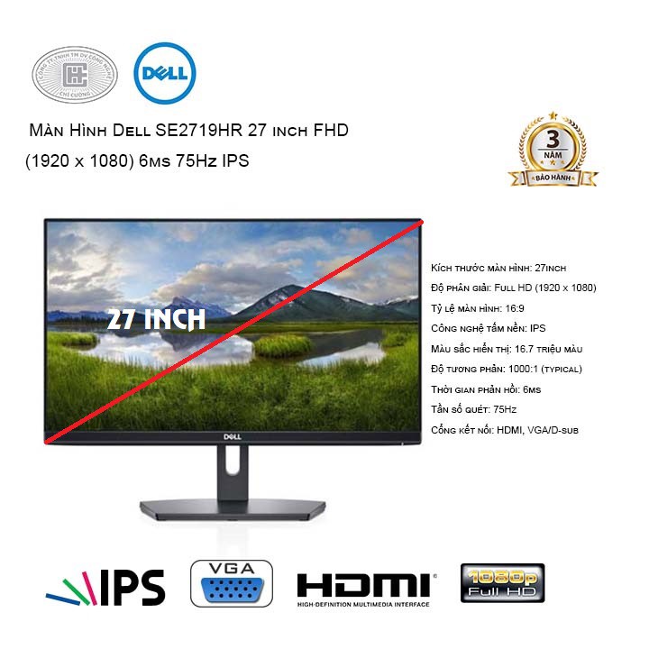 Màn hình máy tính Dell SE2719HR 27 inch FHD 75Hz - Viền Mỏng - Hàng chính hãng- Bảo hành 36 tháng