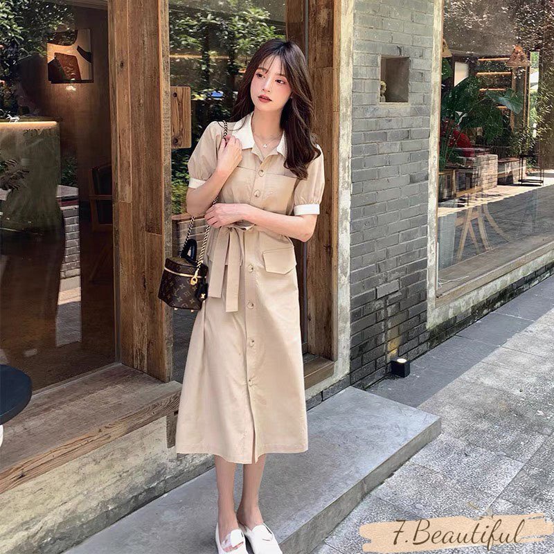 Váy sơ mi nữ, đầm nữ dáng dài thiết kế thắt đai, chất vải kaki mềm phong cách công sở thanh lịch 7.Beautiful V22