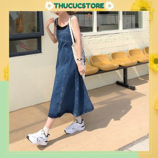 (Sẵn hàng) Yếm jeans dáng dài Thucucstore Đầm jeans midi hai dây phong cách Hàn Quốc hàng chuẩn Y01 (kèm ảnh thật)