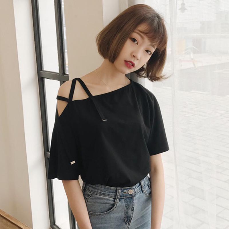 Phiên Bản Hàn Quốc Mùa Hè Bông Tai Kẹp Tất Cả Trận Đấu Đeo Vai Nửa Tay Áo Thun Gợi Cảm Nhỏ Sling Rò Rỉ Vai