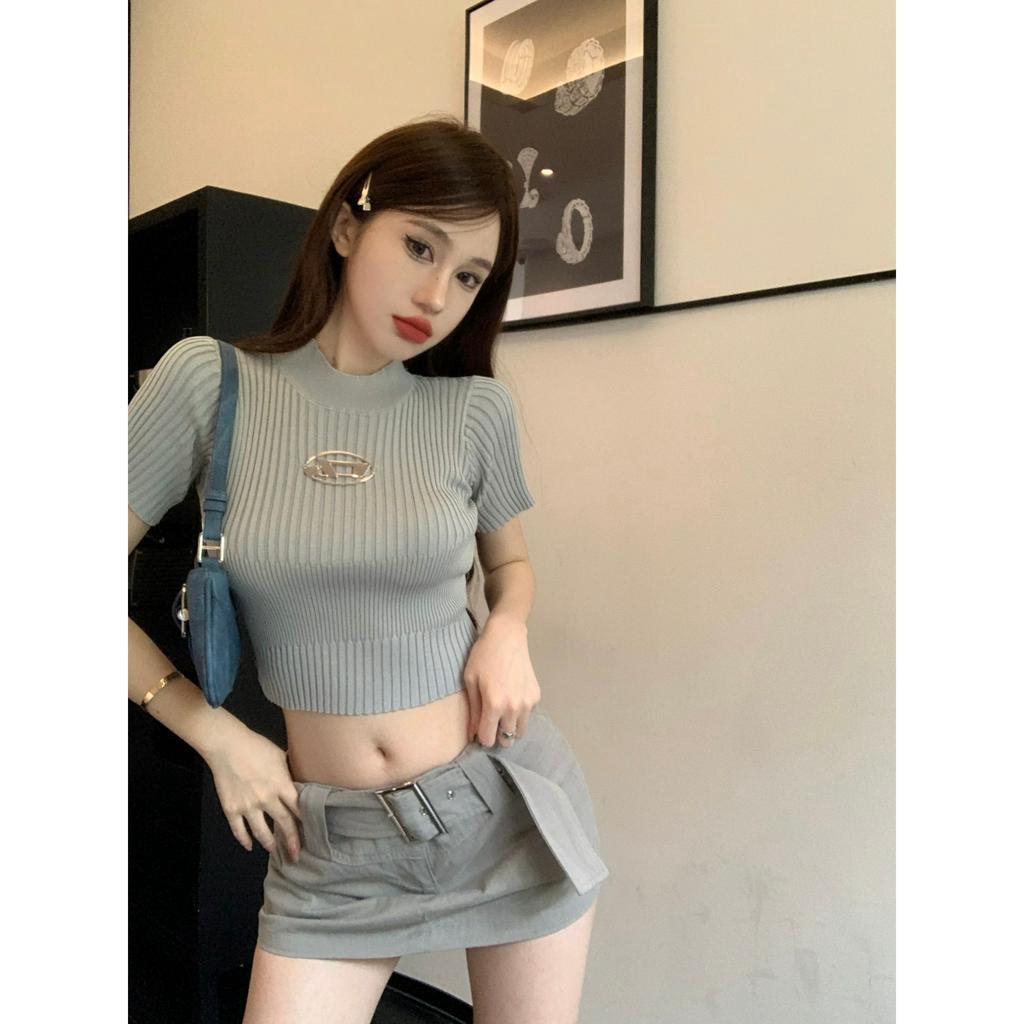 Y2K Áo Croptop Dệt Kim Tay Ngắn Cổ Cao Dáng Ôm Thời Trang Cho Nữ