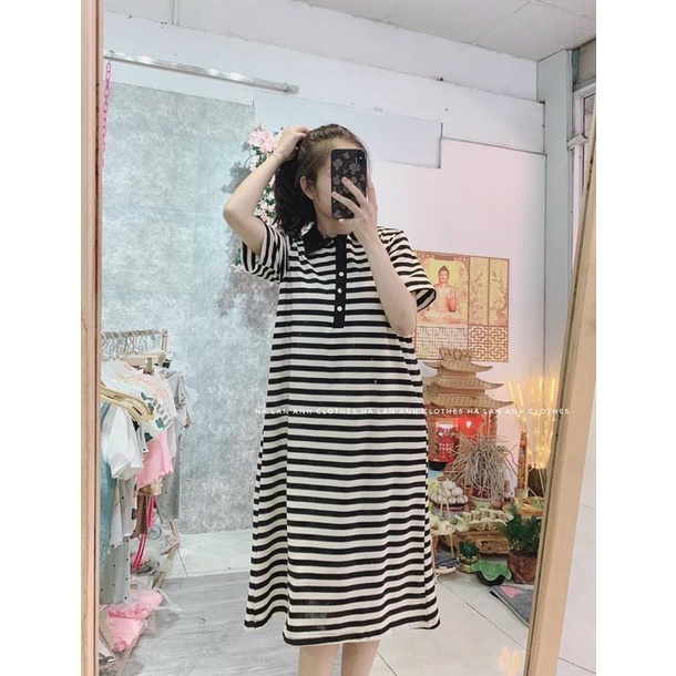 Đầm PoLo Dáng Suông Kẻ Ngang Chất Len Xốp Siêu Xinh