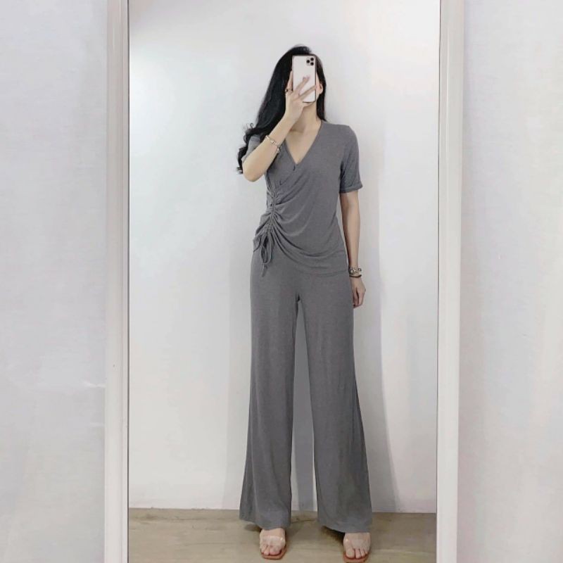 Set bộ dài nữ quần ống rộng áo croptop phối nơ
