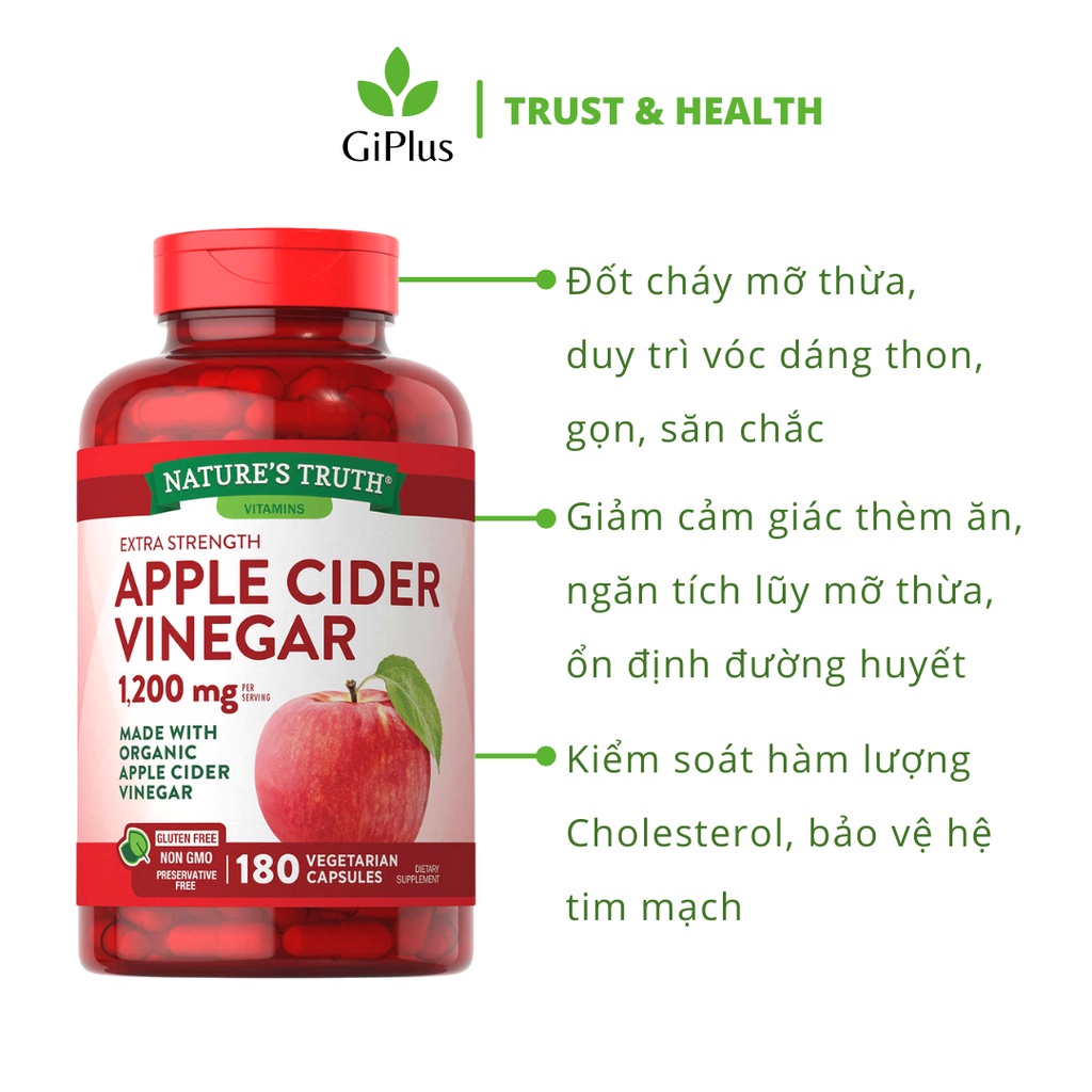 Viên Uống Giấm Táo Hữu Cơ Hỗ Trợ Giảm Cân Nature’s Truth Apple Cider Vinegar 1,200mg (180 Viên/Lọ)