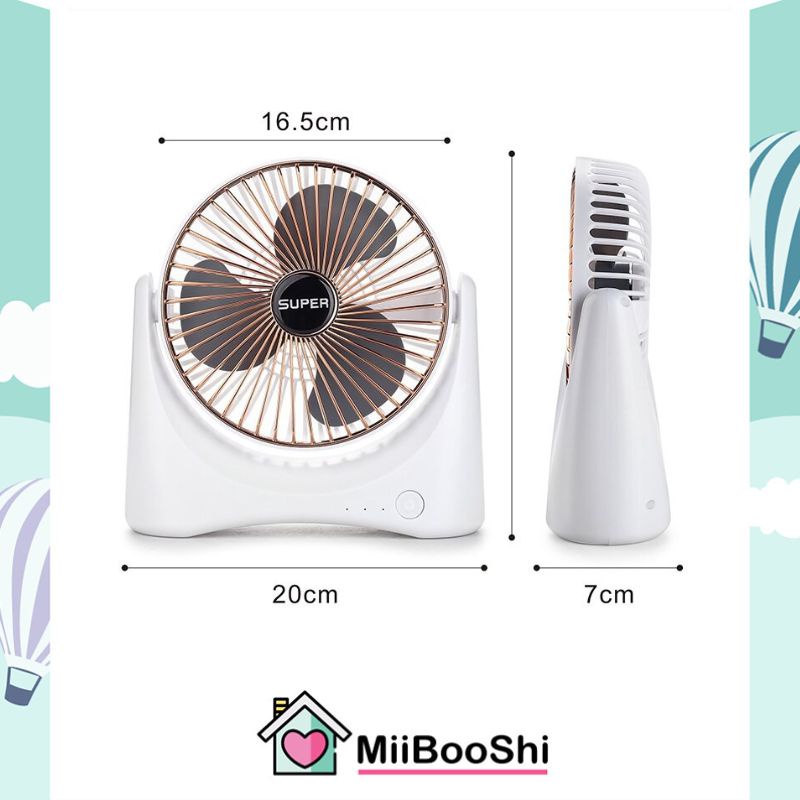 Quạt sạc tích điện mini super fan để bàn lồng quay 360 độ cắm cổng usb 3 chế độ gió quạt không dây Miibooshi D3.023