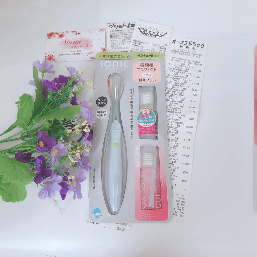 (Sale, Hàng Nhật) BÀN CHẢI ĐÁNH RĂNG KISS You năng lượng ion bộ set 1 bàn chải + 3 đầu bàn chải ionic