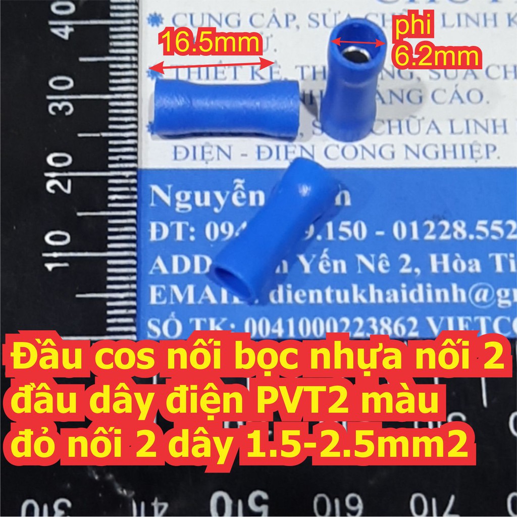 20 cái Đầu cos cosse nối bọc nhựa nối 2 đầu dây điện PVT2 màu xanh dương nối 2 dây 1.5-2.5mm2 kde6849