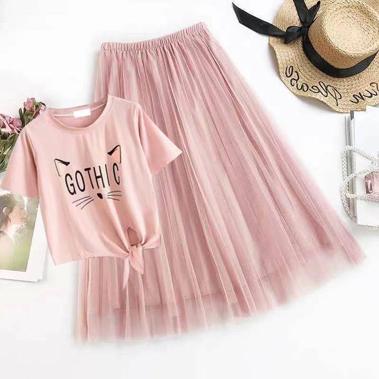 Bộ Áo Thun Tay Ngắn Và Đầm Sát Nách Họa Tiết Chấm Bi Dễ Thương Thời Trang Mùa Hè Cho Bé Gái 12-13-14 Tuổi