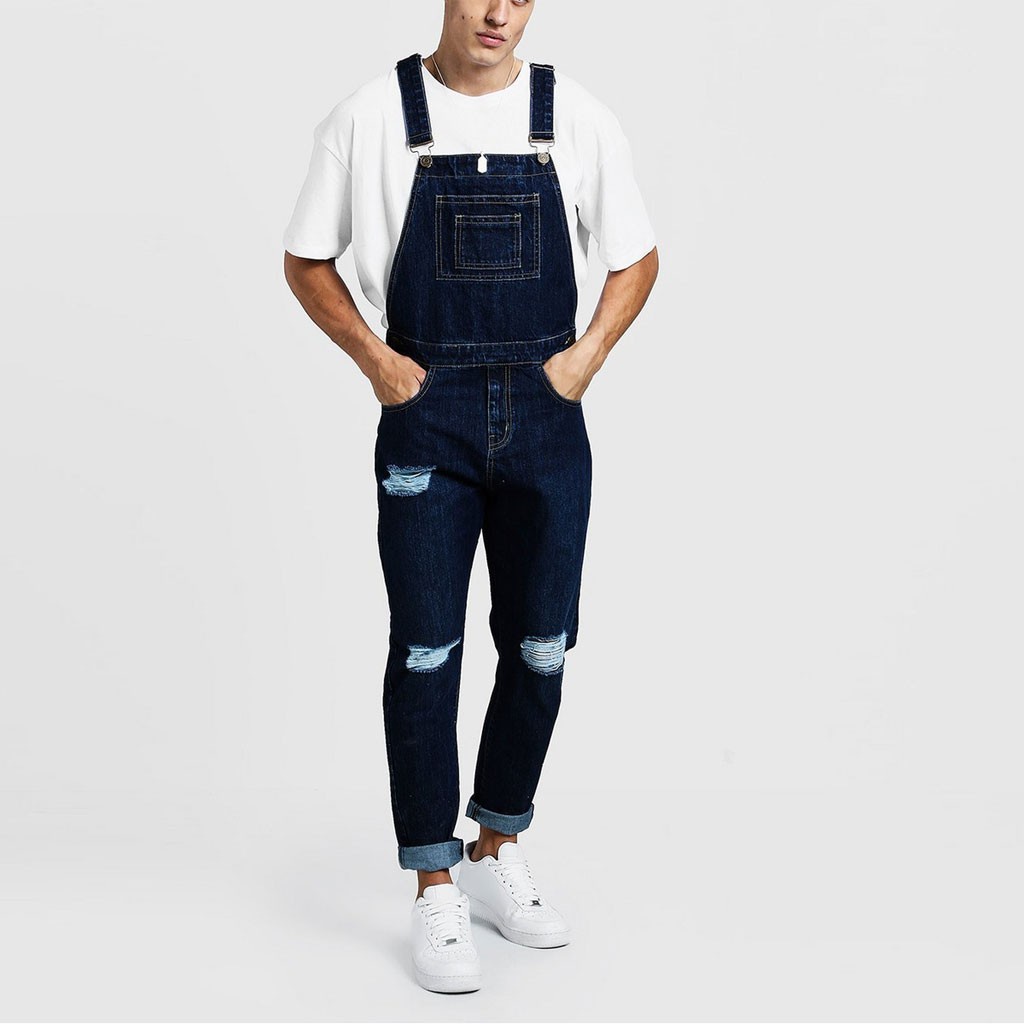 janesame_Mens  Hole Pocket Jeans Overall Jumpsuit  Streetwear  Overall Suspender Pants