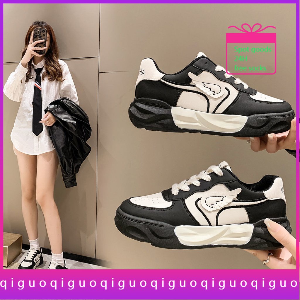 Giày Thể Thao Trắng Đen 24H Mũi Tròn Cột Dây Dễ Phối Đồ Hợp Thời Trang Cho Nữ