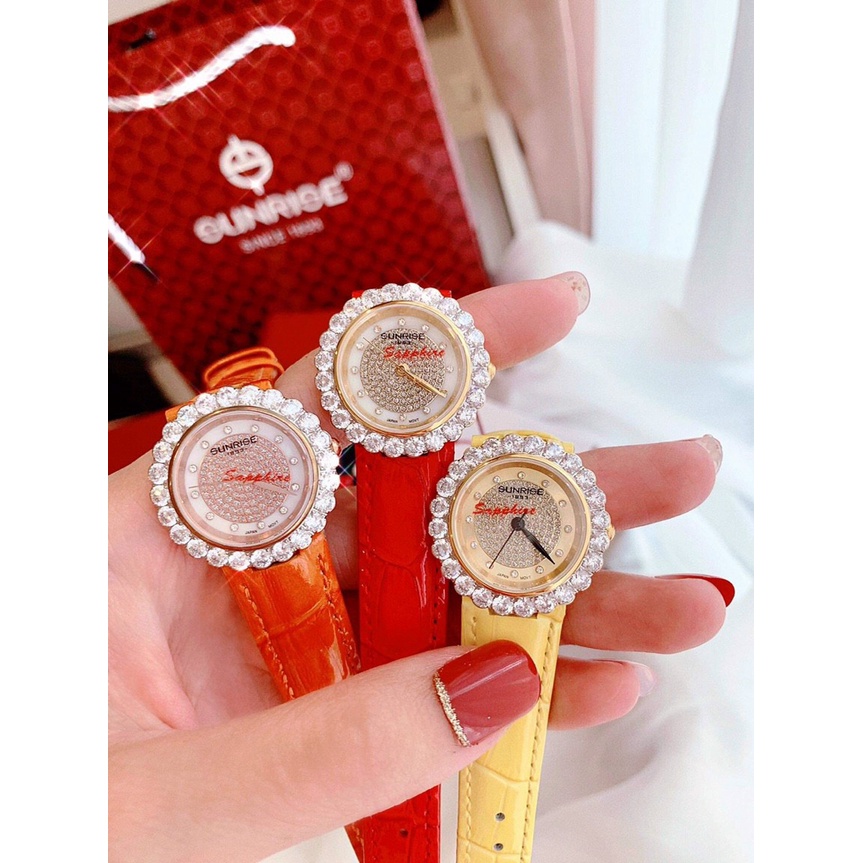 Đồng hồ nữ chính hãng dây da Sunrise 9820BA sapphire chống xước, chống nước, bảo hành 12 tháng