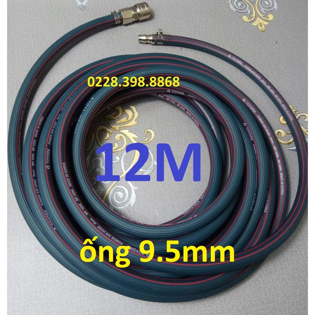 Dây hơi cao su bố vải 12m, made in Korea, lỗ 9.5mm, kèm bộ đầu nối nhanh cao cấp (SS2597) (SS1994)