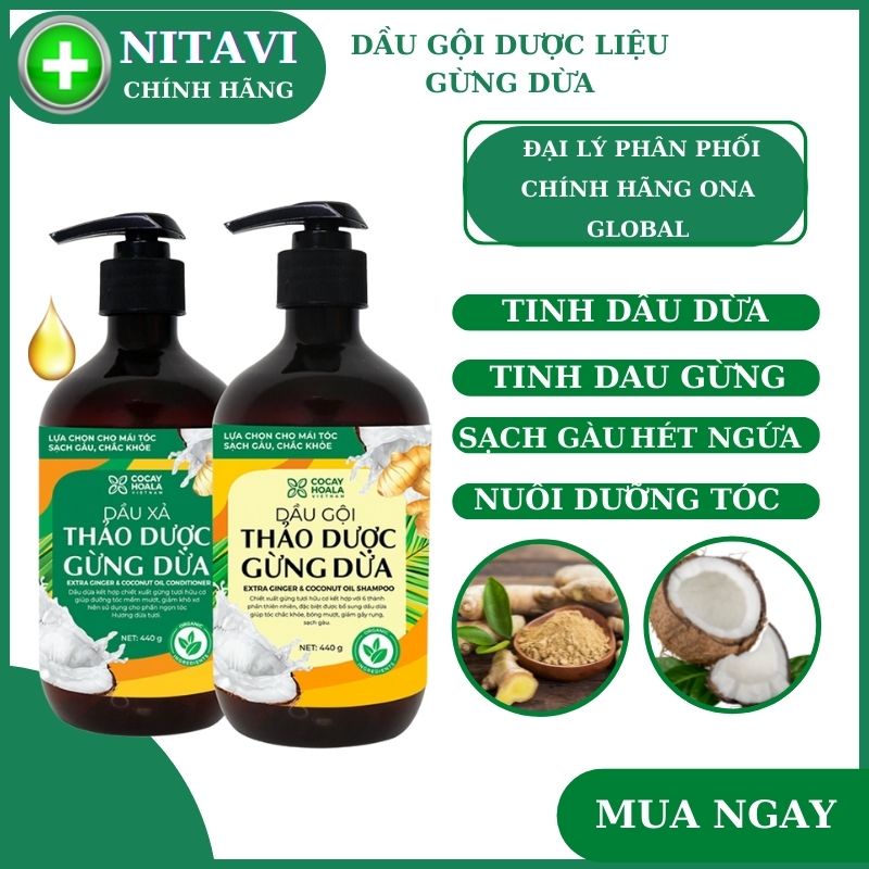 Dầu gội đầu hữu cơ gừng dừa dầu gội thảo dược dược liệu cao cấp cỏ cây hoa lá đánh bay gàu giảm ngứa dung tích 440g/chai