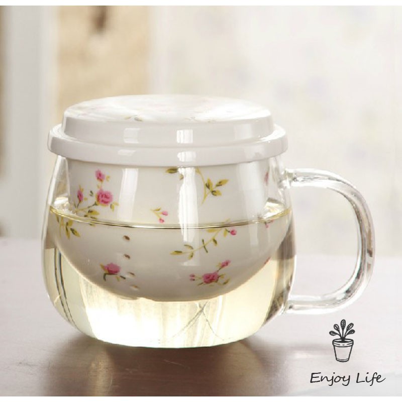 Tách uống trà thủy tinh 300ml với nắp lọc trà bằng sứ có thể tháo rời