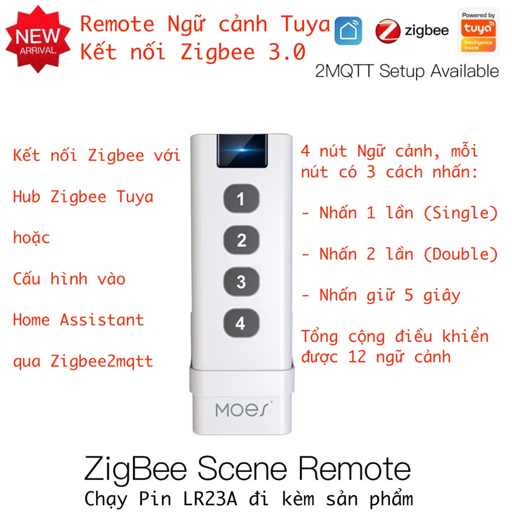 Công tắc ngữ cảnh thông minh loại dán tường, Zigbee, dùng App Smart Life hoặc Tuya