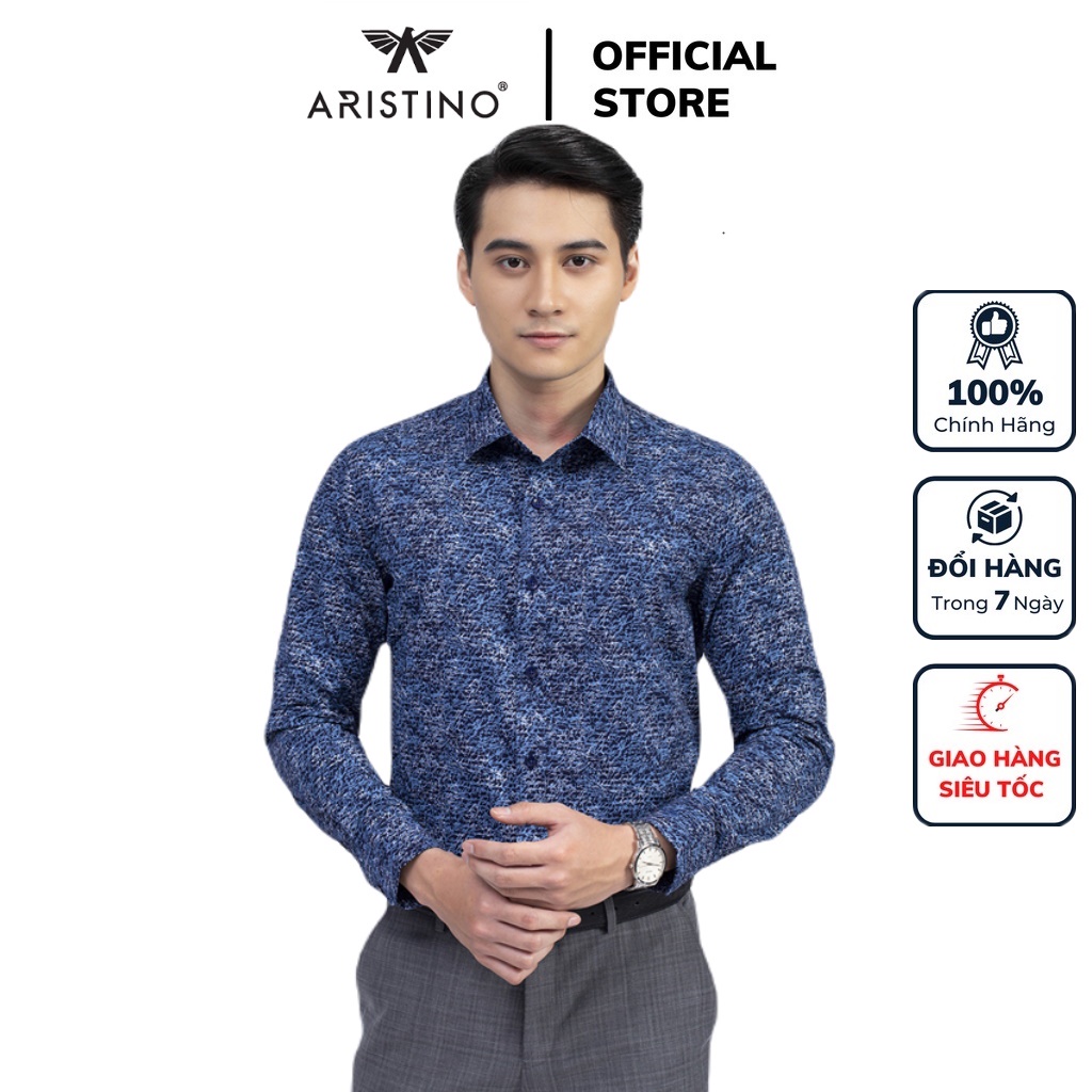 Áo sơ mi nam dài tay ARISTINO ALS22501 somi công sở vải sợi sồi màu xanh tím than in chữ dáng ôm tà lượn không túi
