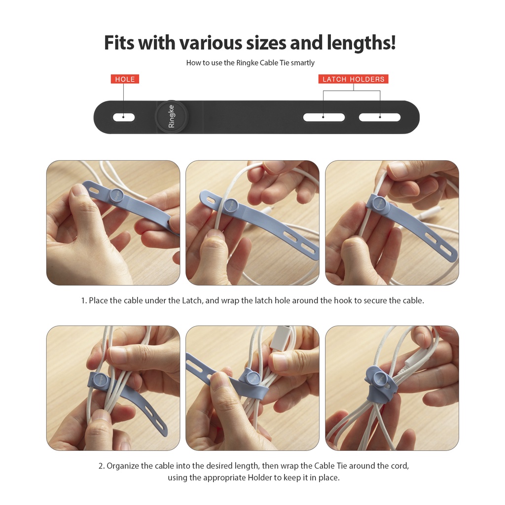 Ringke Cable Tie Silicone 15 gói Quản lý dây đeo có thể tái sử dụng cho cáp