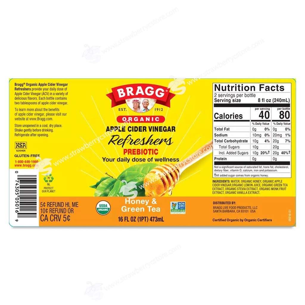 Giấm Táo Mật Ong & Trà Xanh Uống Liền Hữu Cơ Bragg Organic Apple Cider Vinegar Beverage, Honey & Green Tea, Chai 473 mL