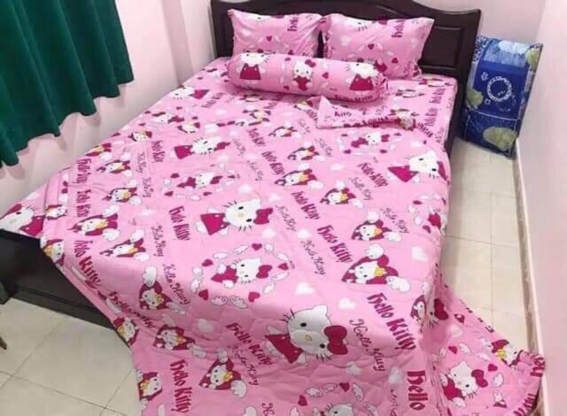 Drap thun❤️FREESHIP❤️ga thun lạnh Hàn Quốc mẫu mèo nơ ( 1 ga, 3 áo gối)