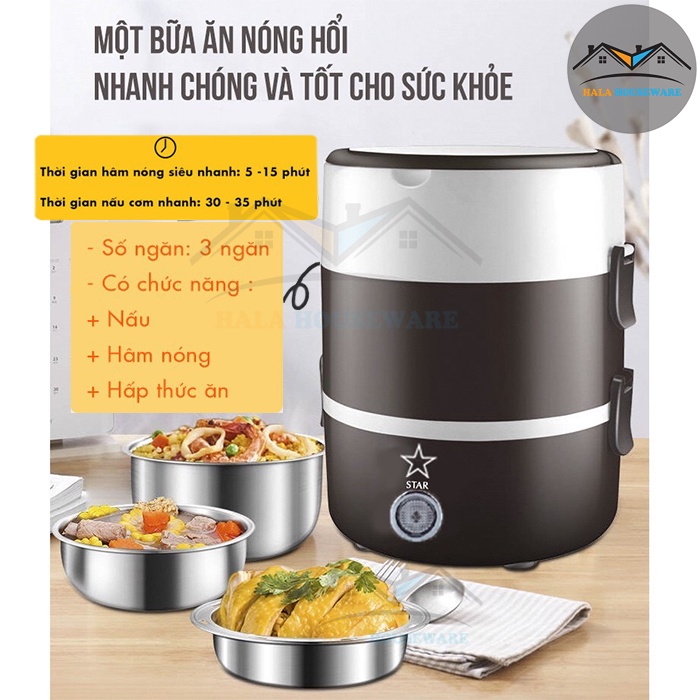Hộp Cơm Cắm Điện - 3 Tầng Có Chức Năng Giữ Nhiệt, Hâm Nóng và Nấu Chín Đồ Ăn - Dành Cho Dân Văn Phòng, Du Lịch