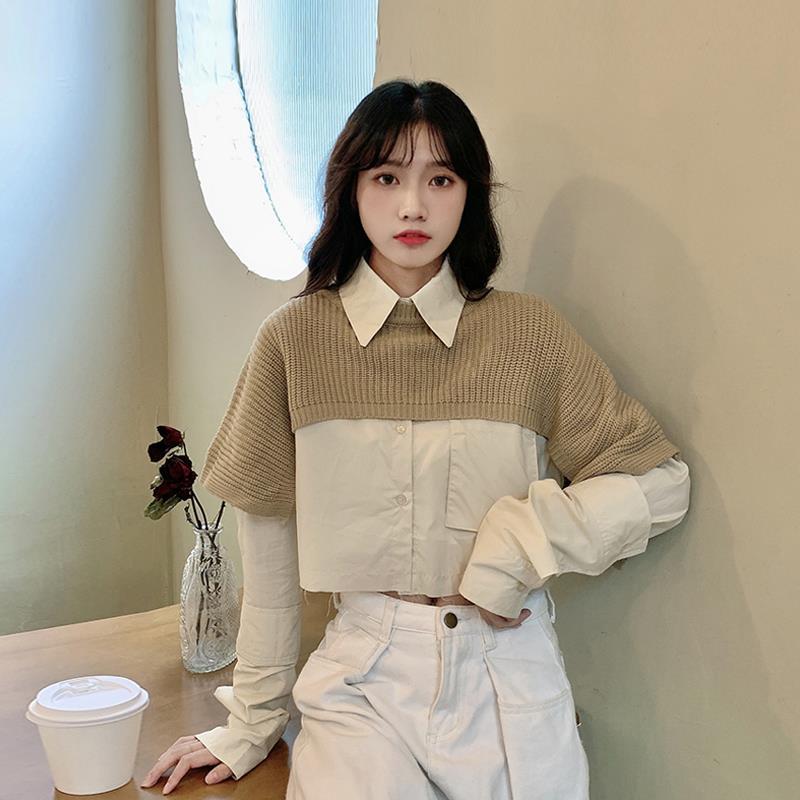 Bộ áo sơ mi dài tay phối khoác len không tay độc đáo thời trang dành cho nữ