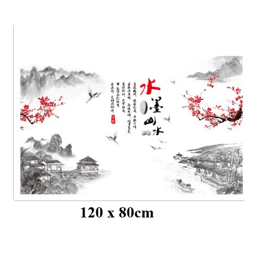 Tranh dán tường phong cảnh thủy mặc 120x80, Tranh 3D trang trí phòng khách