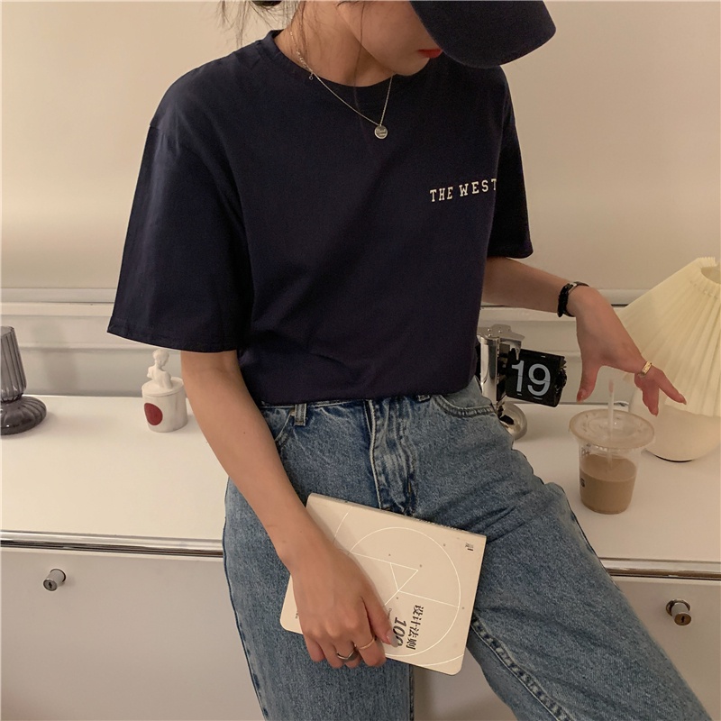 SUXI Áo thun dáng rộng tay ngắn cổ tròn in chữ phong cách retro thời trang hè cho nữ