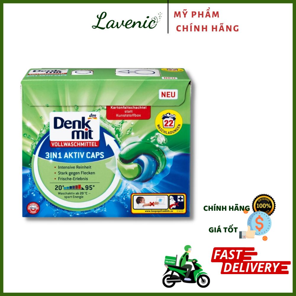 Viên Giặt Tẩy Trắng Quần Áo 3in1 Denkmit Màu xanh Hộp 22 Gói Hàng Đức Nhập Khẩu