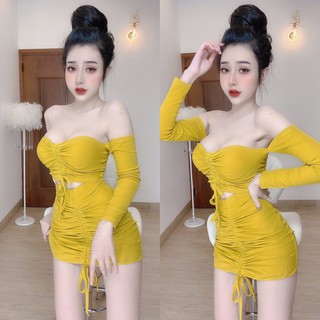 SET ÁO TRỄ VAI TAY DÀI KÈM CHÂN VÁY RÚT DÂY SEXY - QANU236