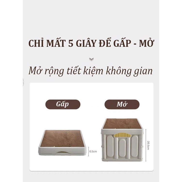 THÙNG ĐỰNG ĐỒ GẤP GỌN ĐA NĂNG Nắp Vân Gỗ Tiện Lợi - Thùng Đựng Đồ Ô Tô, ĐI DÃ NGOẠI, CẮM TRẠI, PICNIC, Để Đồ Cốp Xe Hơi