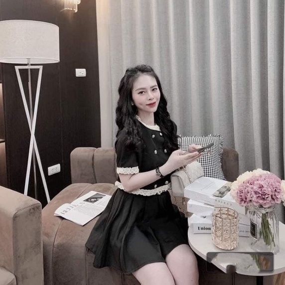 Set áo váy nữ Quảng Châu thiết kế phối viền ren siêu xinh, Set đồ nữ gồm áo sơ mi và chân váy xếp ly rẻ đẹp trẻ trung