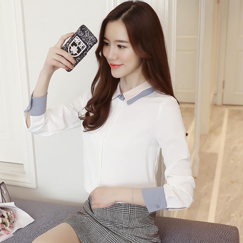 Áo Nữ Công Sở ❣️𝑭𝒓𝒆𝒆𝒔𝒉𝒊𝒑❣️ Áo Sơ Mi Cổ Đức Phối Tay Ghi SM77 - Hàng VNXK - Candy Fashion
