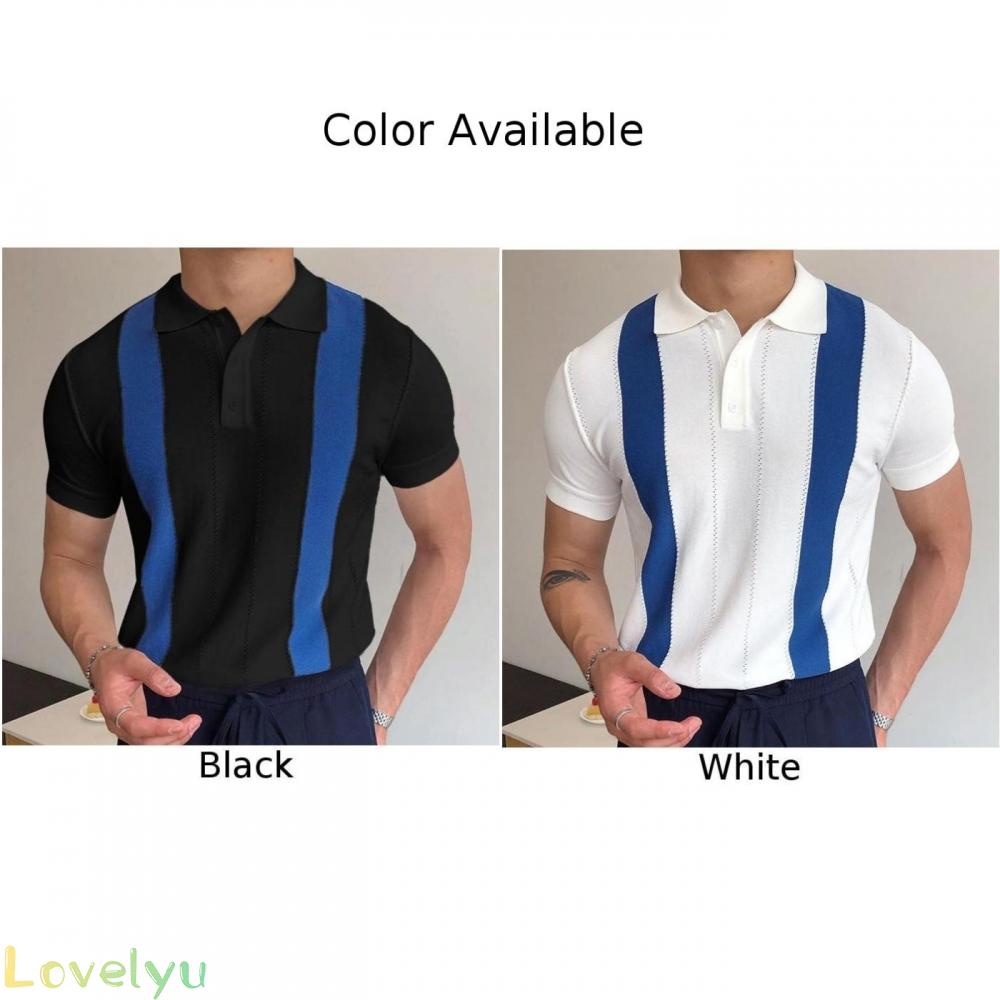 &lt;READY STOCK&gt;Summer Fashion Men Lapel Collar Top slim Shirt Casual Style Short Sleeve T-shirt White Striped Short Sleeves100% brand new！