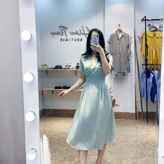 váy đầm cổ vạt chéo xanh mint - New 100% thanh lịch tiểu thư trang nhã mát mùa hè freeship tiệc cưới dạo phố