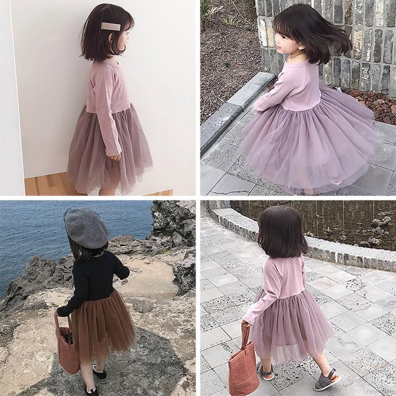 Đầm bé gái tay dài phối lưới phong cách Hàn Quốc dễ thương