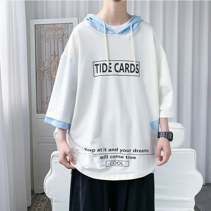 Áo hoodie giả hai lớp tay ngắn dáng rộng thời trang mùa hè cho nam giới