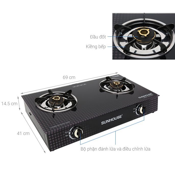 BẾP GAS DƯƠNG KÍNH SUNHOUSE SHB3366MT  chính hãng-Tặng dây gas- Hệ thống đánh lửa Magneto tạo tia lửa nhanh