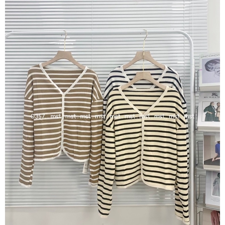 áo khoác cardigan cổ V viền ren dệt kim tay dài họa tiết kẻ sọc thời trang thanh lịch dành cho nữ hàng Quảng châu