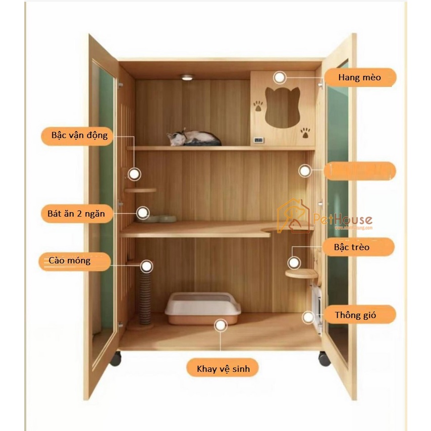Nhà mèo 3 tầng loại lớn đa chức năng gỗ thông tự nhiên sx pethouse