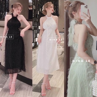 ĐẦM MAXI LÔNG VŨ CỔ YẾM KHOÉT EO HỞ LƯNG