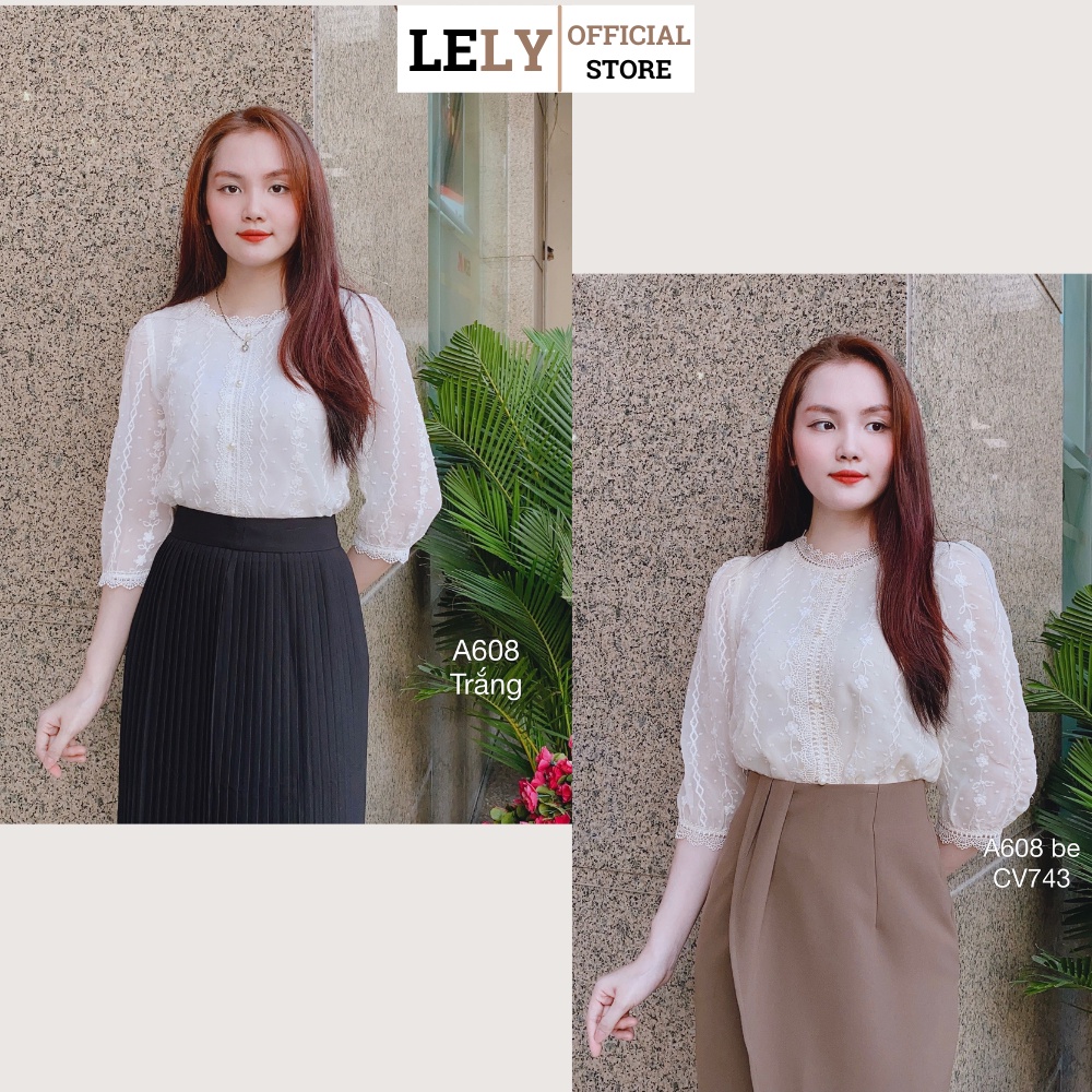 Áo sơ mi nữ Lely Fashion somi kiểu ngắn tay lỡ ren thêu cúc ngọc cao cấp thời trang công sở cổ ren trắng be A608
