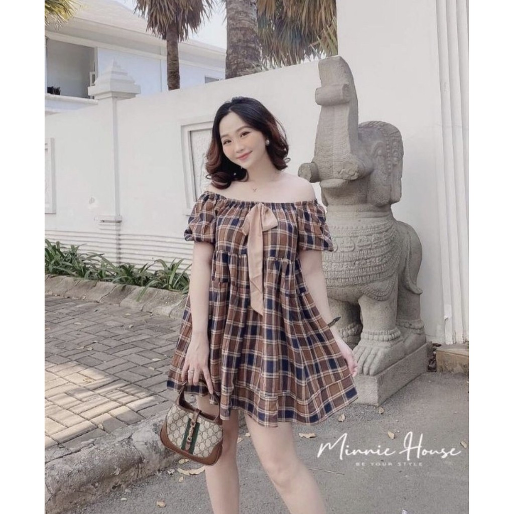 Váy kẻ caro xinh xắn💖FREESHIP💖 đầm trễ vai tiểu thư AD94 | BigBuy360 - bigbuy360.vn